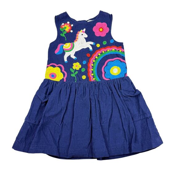 Mini Boden Other - Mini Boden Navy Corduroy Embroidered Unicorn Pinafore Dress, Size 5-6